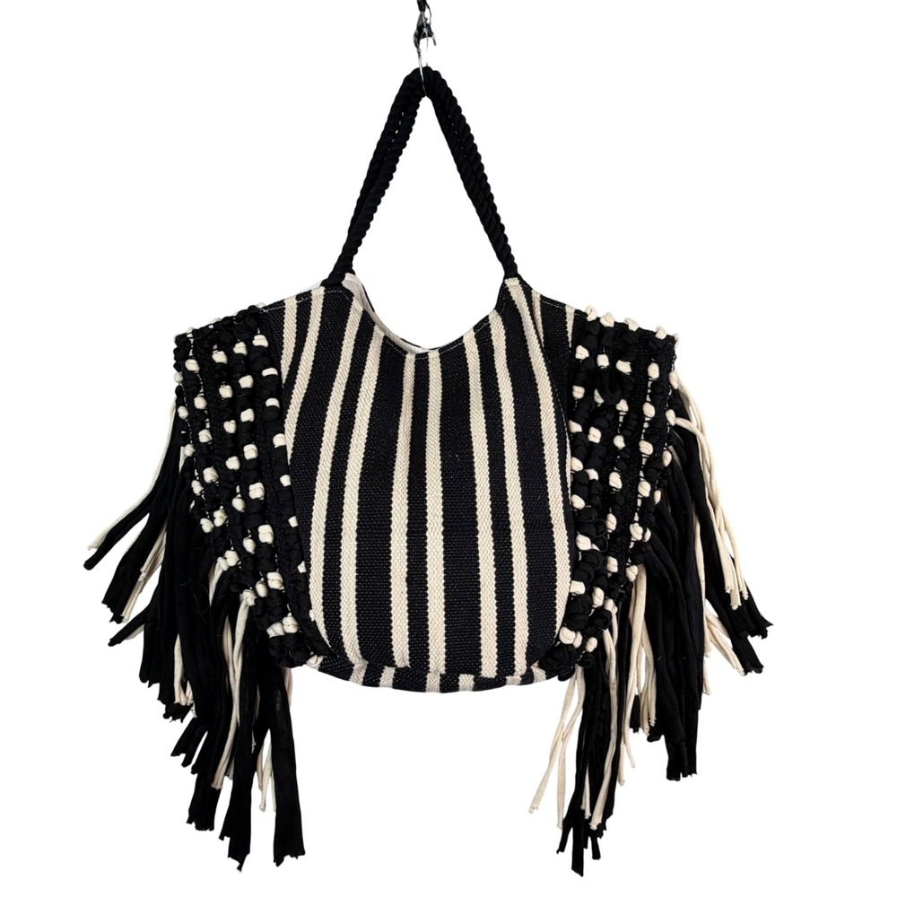 Unbranded Woven Fringe Tote Black Cream Striped Rope Handle Boho Festival Bag